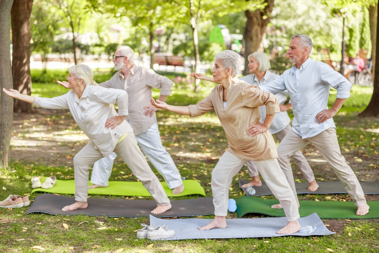 grupo de adultos mayores practicando yoga al aire libre 